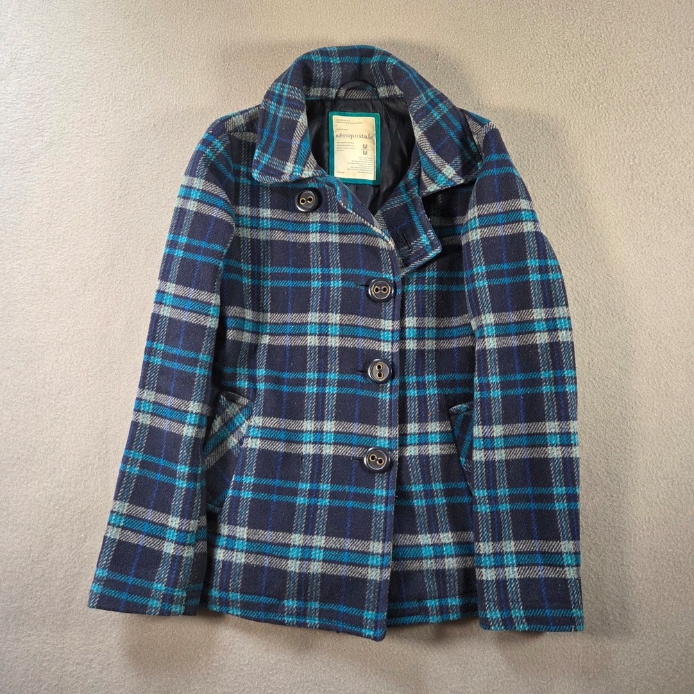 Aeropostale Jacket Womens Medium Navy Plaid Wool Blend Peacoat Y2k Collared